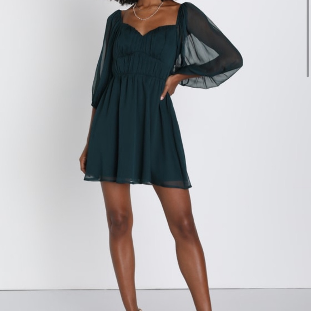 Vivacious Arrival Emerald Chiffon Balloon Sleeve Mini Dress